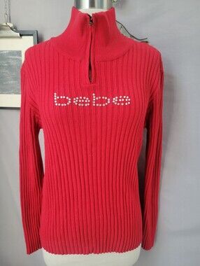 Bebe Ribbed Logo Embellished Rhinestone 1/4 Zip Sweater Red XL